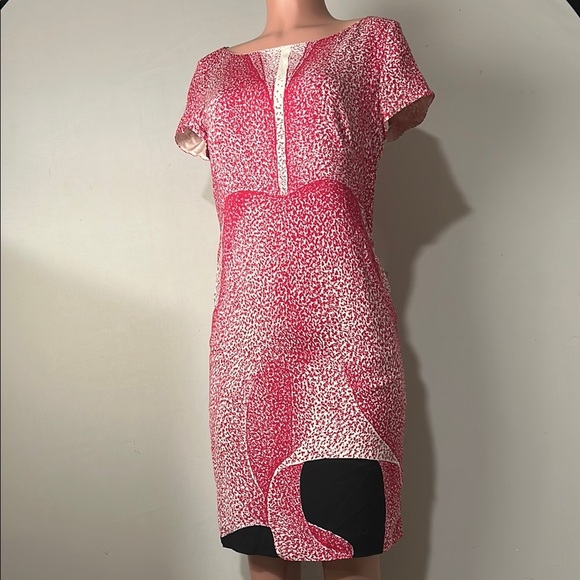 ESCADA orchid print silk sheath dress short Sleeve lined Size 36 (6) - Picture 4 of 15